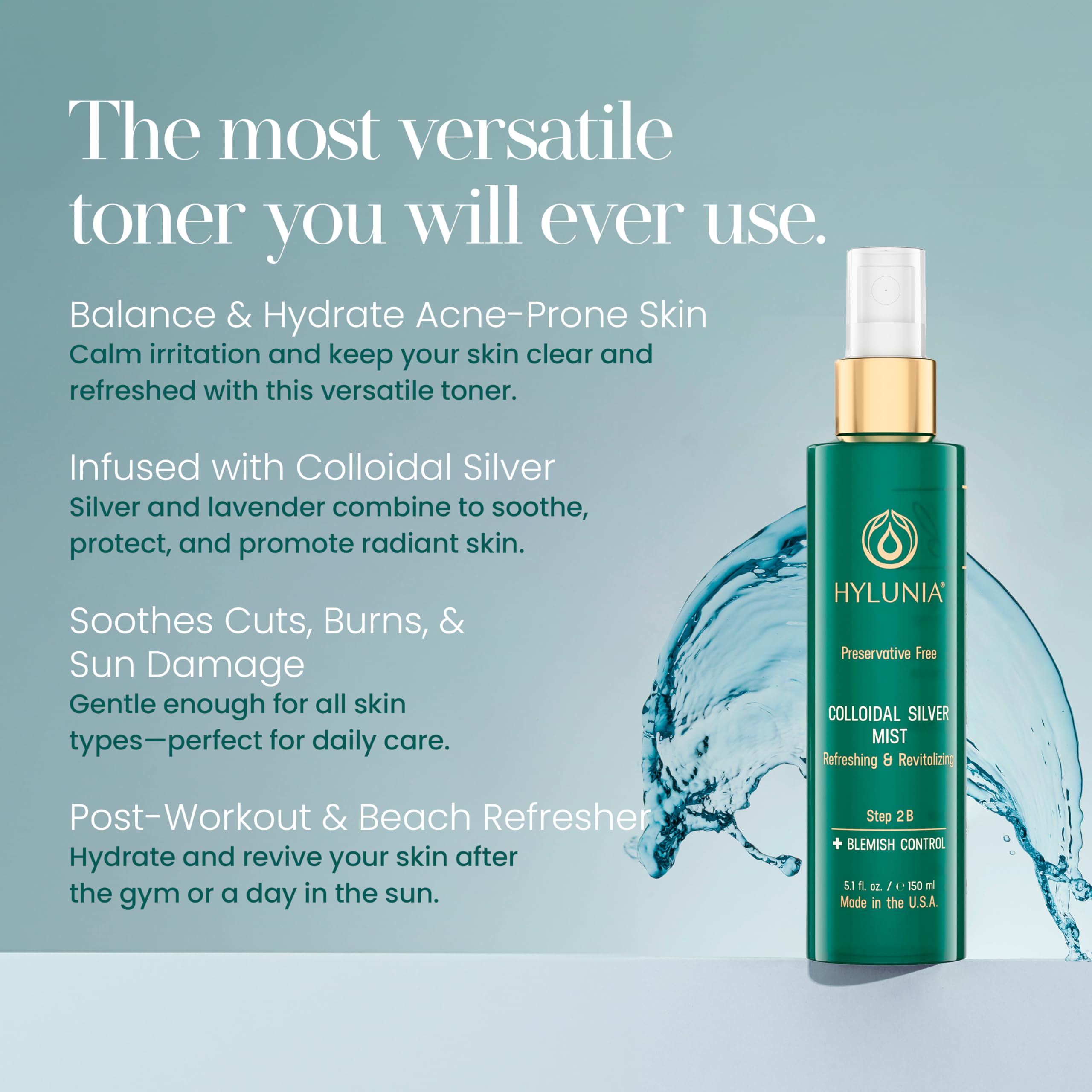 Hylunia Colloidal Silver Mist Toner close-up shows colloidal silver particles for skin health.