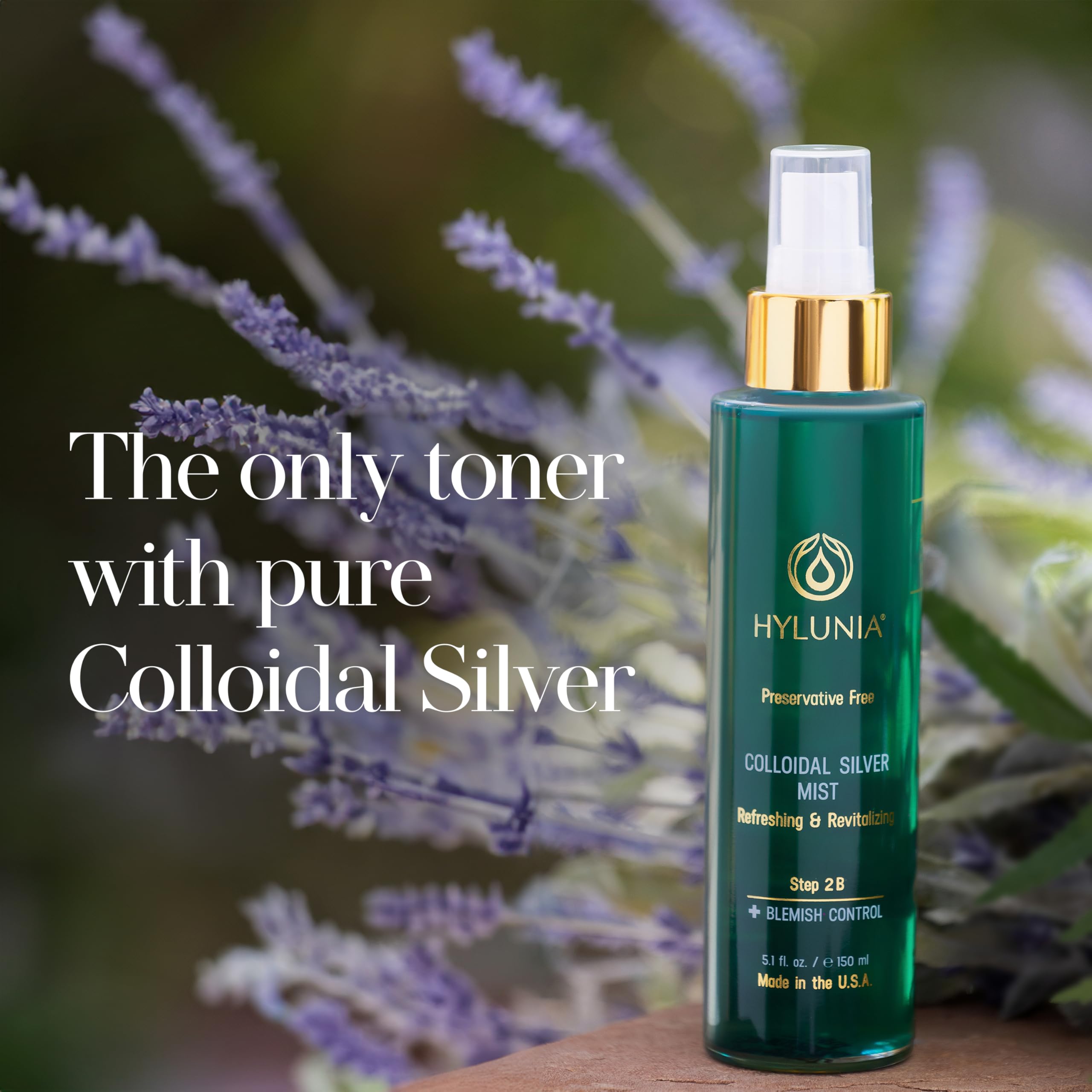 Hylunia Colloidal Silver Mist Toner lavender label highlights soothing infusion.