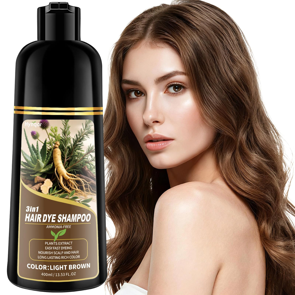 Hynqor light brown dye shampoo bottle shows easy at-home gray coverage