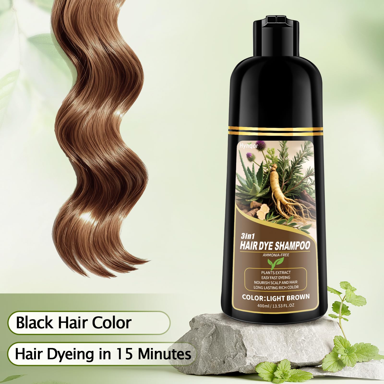 Hynqor bottle label close-up highlights herbal, ammonia-free formula