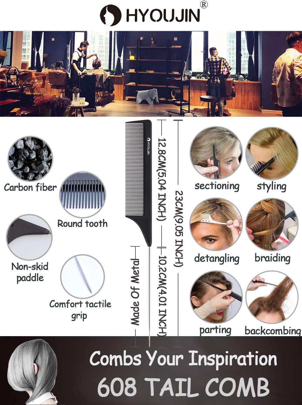 HYOUJIN carbon hair rat tail comb black-finish sleek and durable.