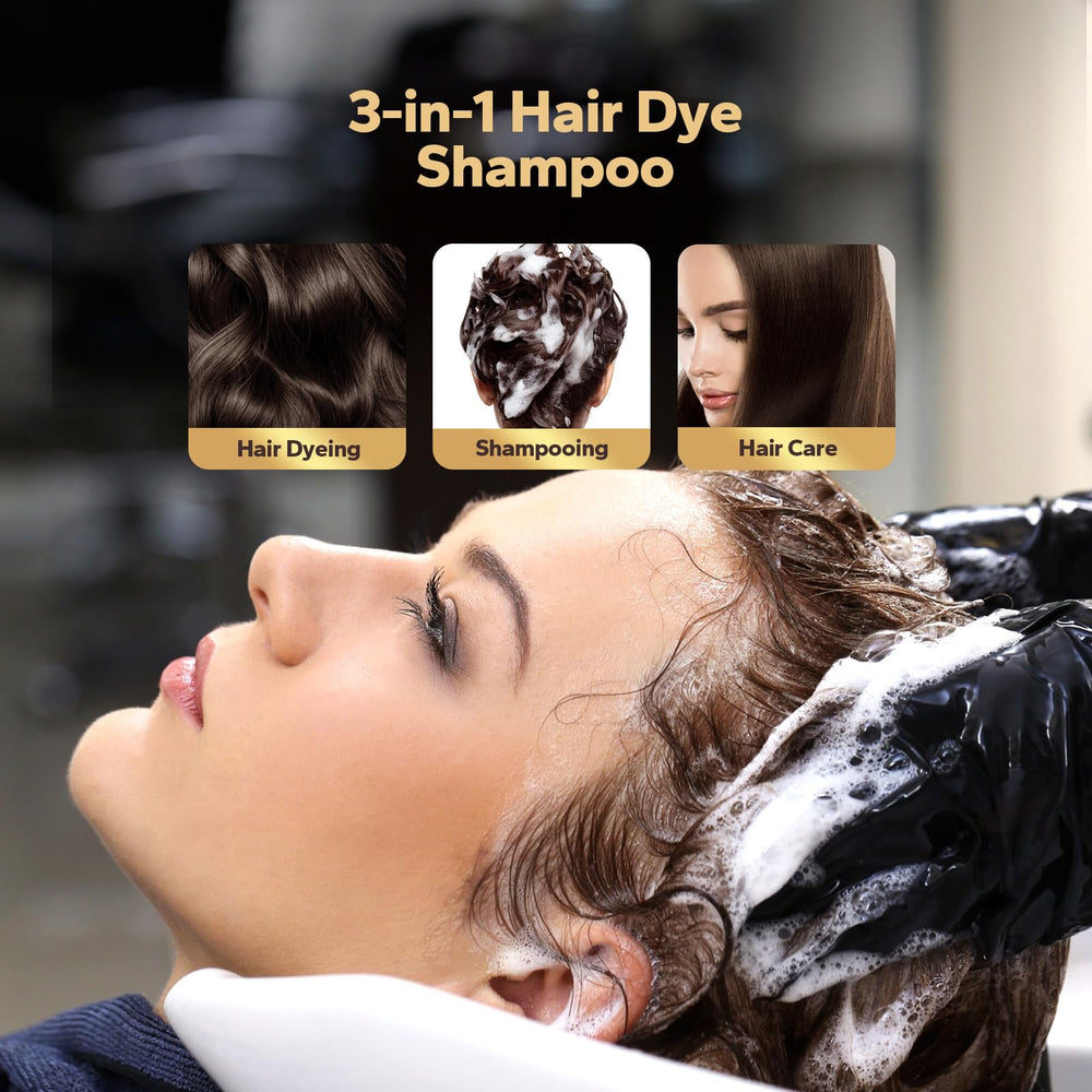 HyperHair 3-in-1 hair dye shampoo packaging highlights convenience for at-home color and care.