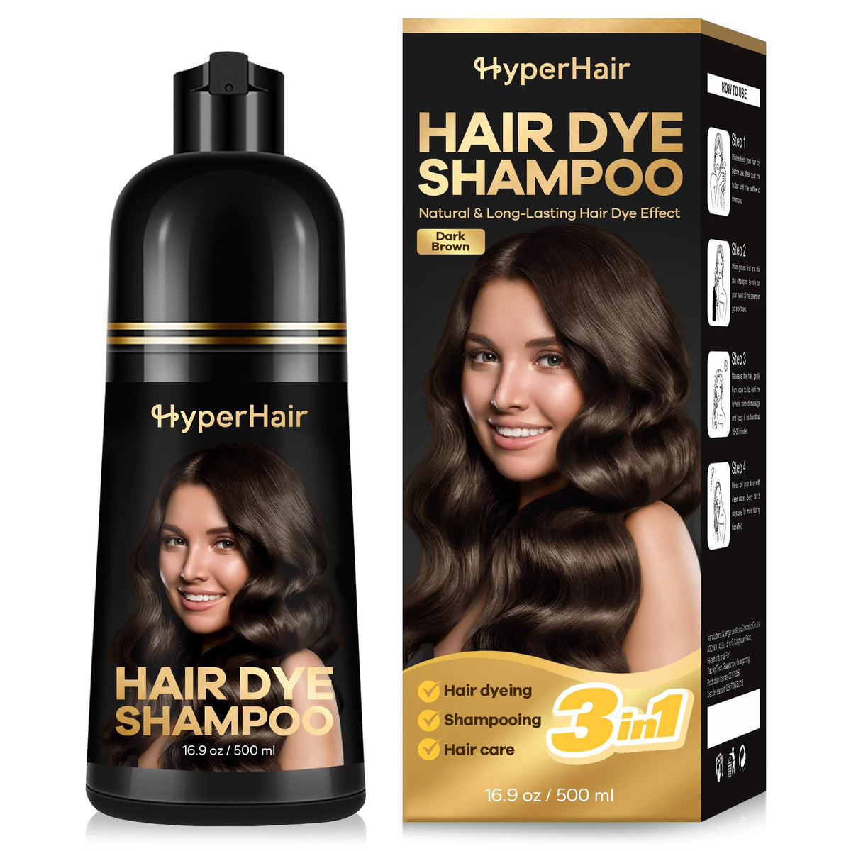 HyperHair dark brown hair dye shampoo application demonstrates easy 3-in-1 use for color and care.
