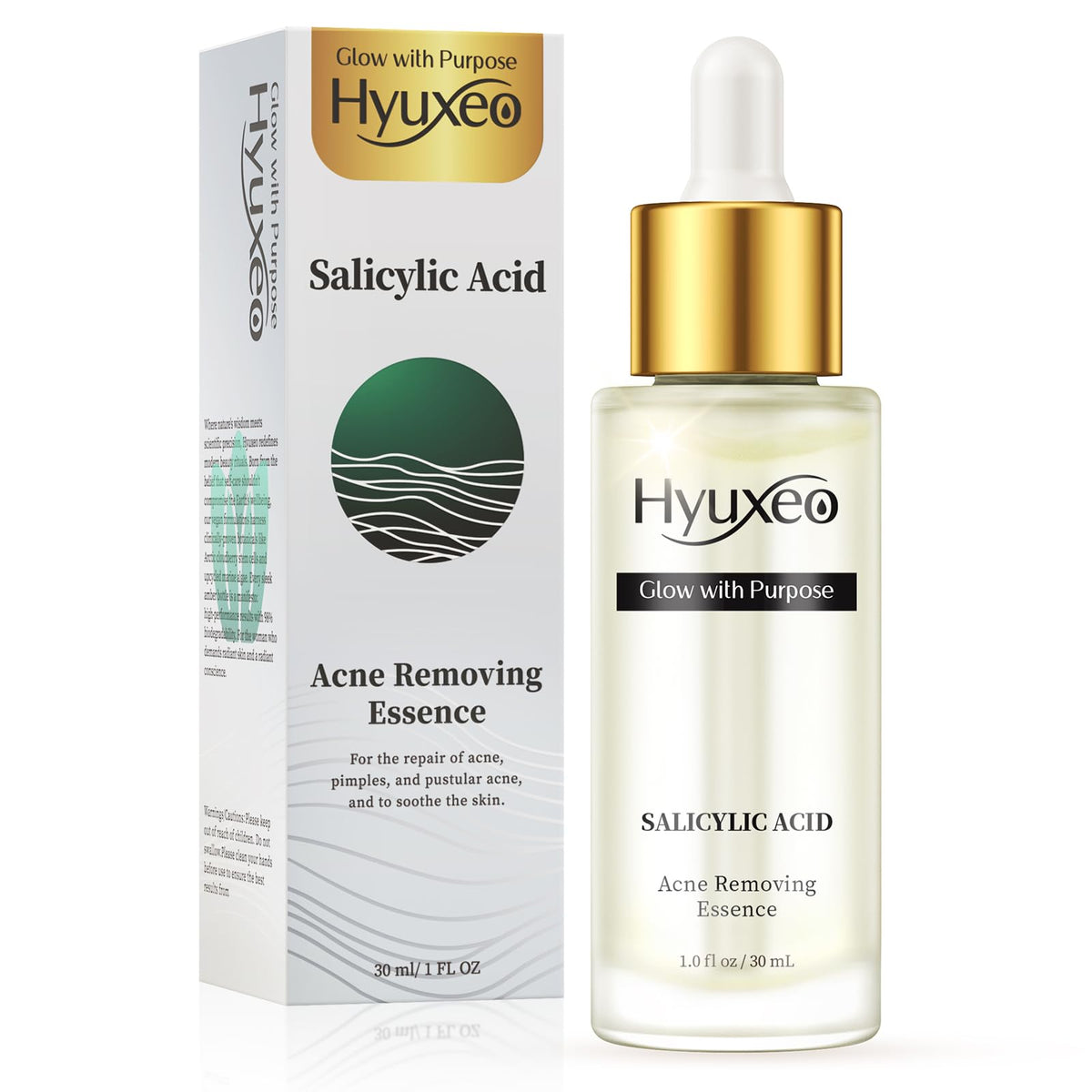 Hyuxeo salicylic acid serum bottle with a clean glass design for daily acne care and balance.