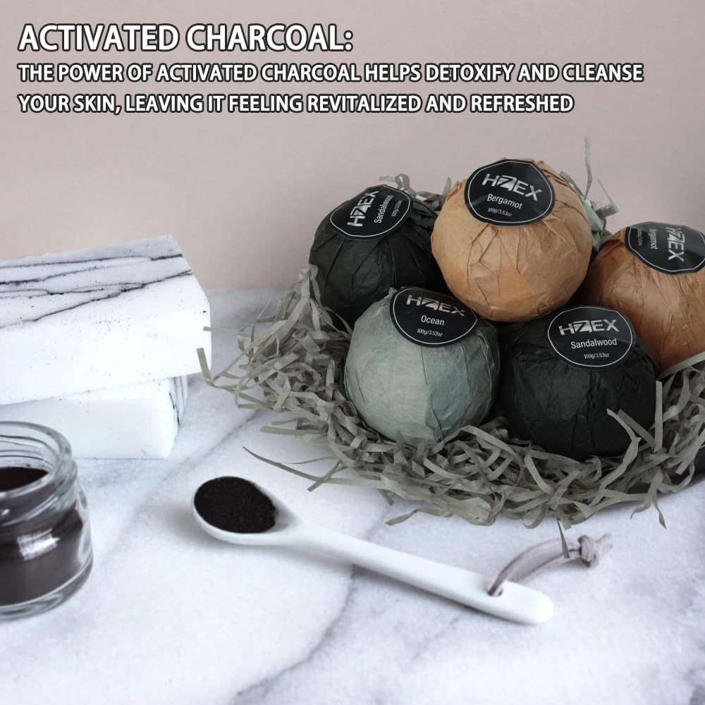 HZEX Charcoal Bath Bombs activated charcoal close-up emphasizing cleansing effect and pores