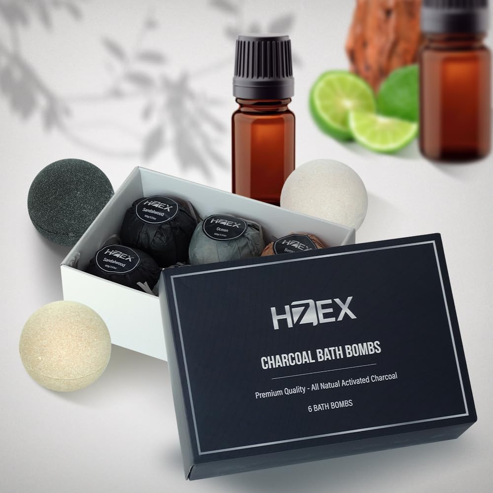 HZEX Charcoal Bath Bombs in tub after soak showing moisturized, silky-smooth skin