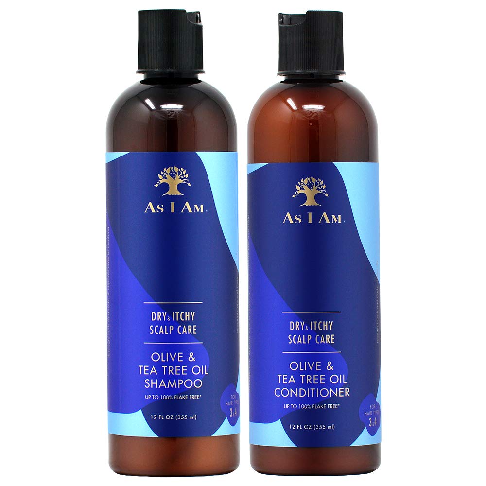 I AM Dry & Itchy Scalp Shampoo olive-tea-tree-oil bottle for soothing cleanse on irritated scalps.