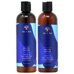 I AM Dry & Itchy Scalp Shampoo olive-tea-tree-oil bottle for soothing cleanse on irritated scalps.