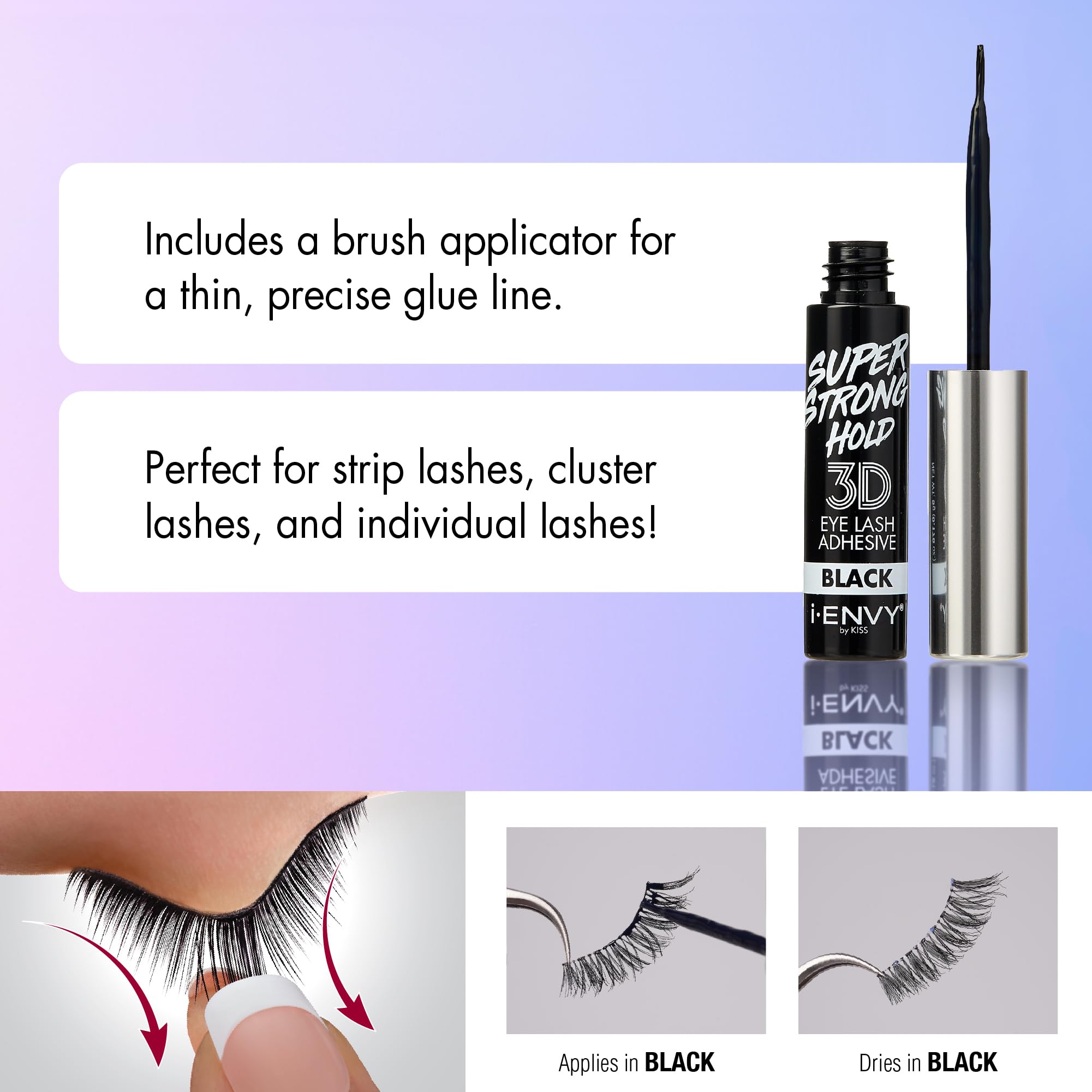 i-ENVY lash glue black tube highlights water-resistant formula for lasting wear.