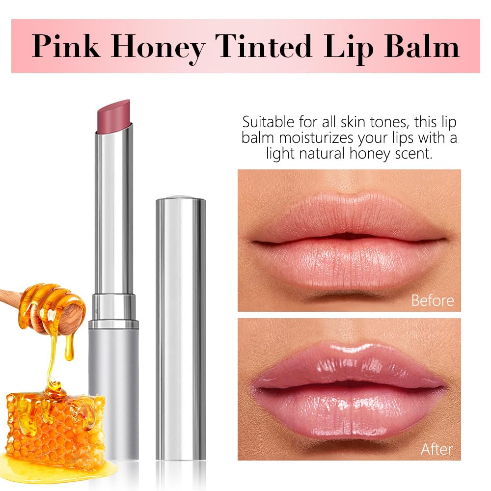 IATMOMOD pink-cherry-nude-tinted-honey lip balm twist-application shows lightweight, non-sticky wear.