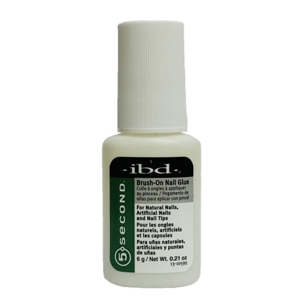 IBD 5 Second Brush-On Nail Glue packaging shows compact bottle for quick-home nail repairs