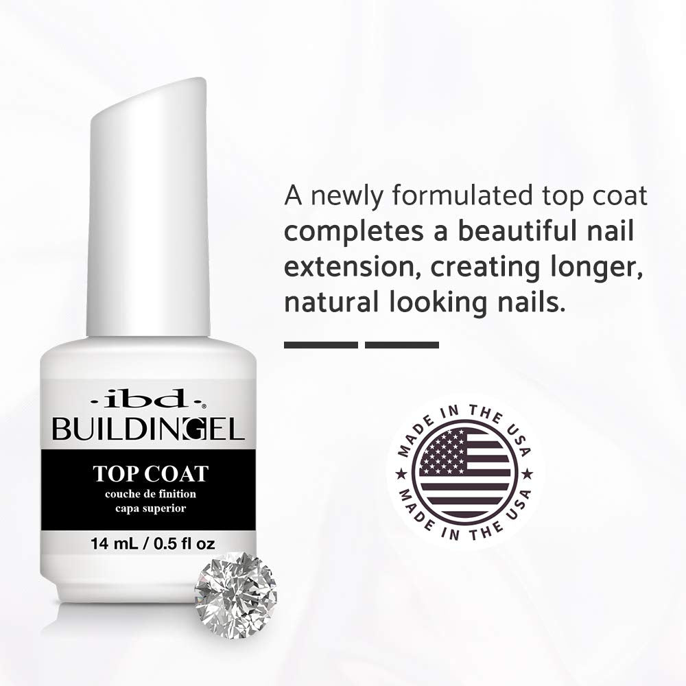 IBD Builder Gel Top Coat closeup highlights high-gloss finish and chip resistance.