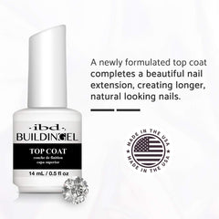 IBD Builder Gel Top Coat closeup highlights high-gloss finish and chip resistance.