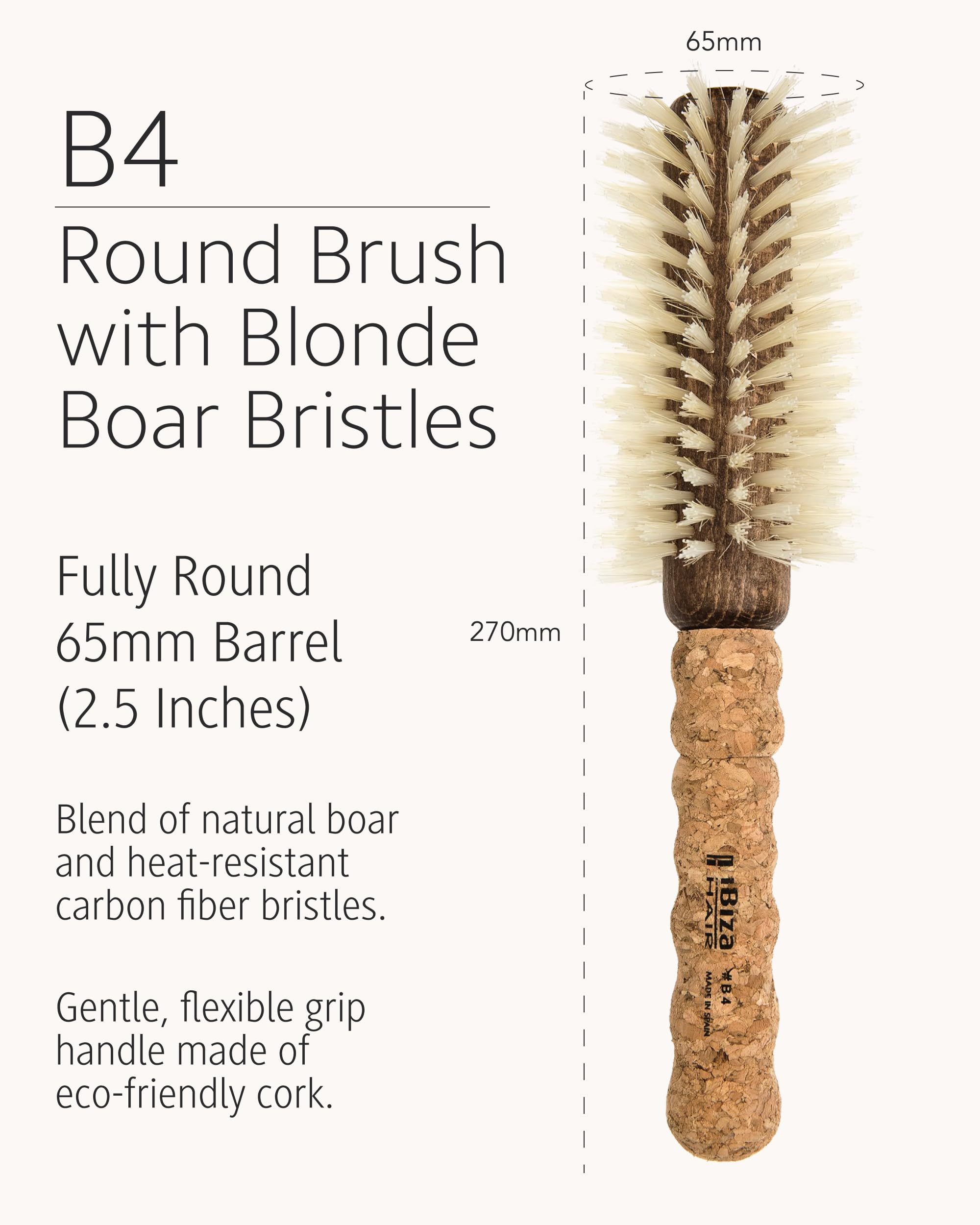 Ibiza Hair Boar Bristle Round Brush cork handle for comfortable grip