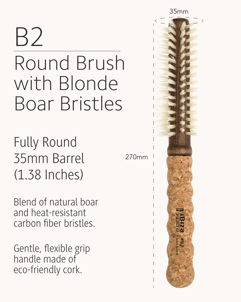 Ibiza Hair cork handle round brush extended cork handle for comfortable grip