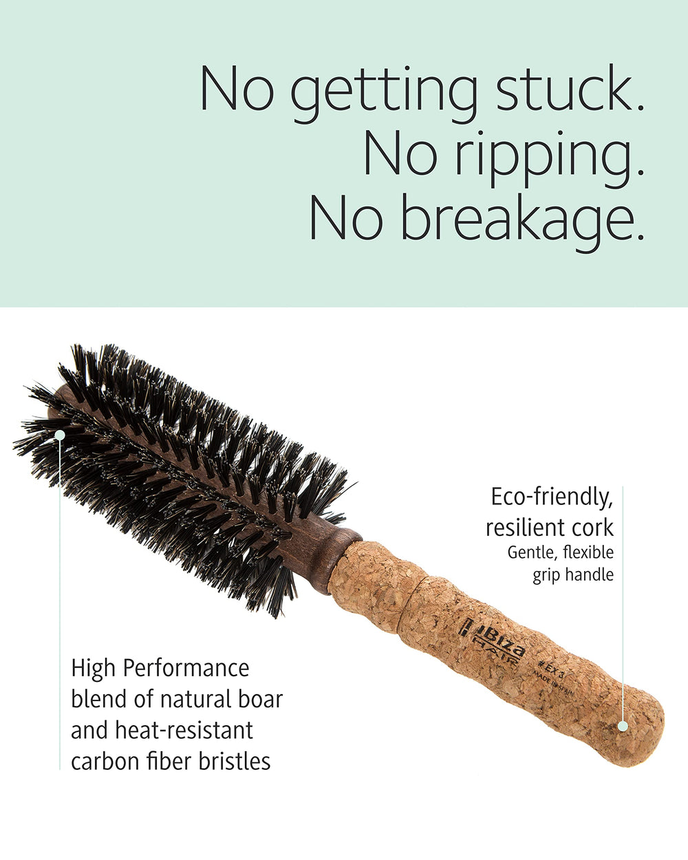 Ibiza Hair cork-handle close-up highlights lightweight ergonomic design for easy use
