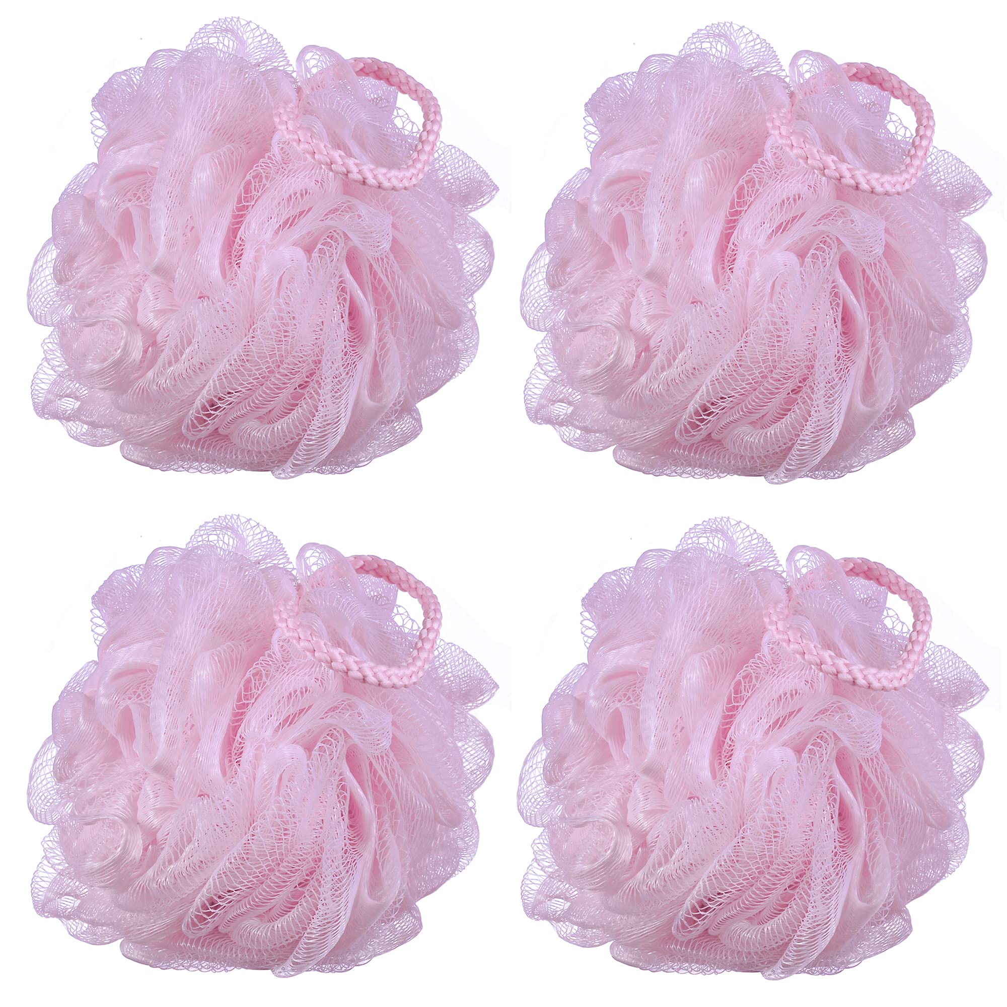 iboodi pink mesh bath sponge pack 4 assembled for shower use and rich lather