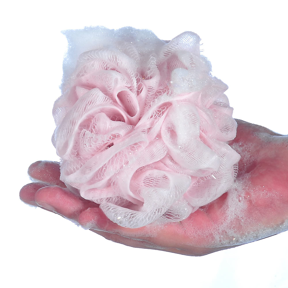 iboodi pink mesh bath sponge hanging loop demonstrates easy drying and storage