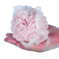 iboodi pink mesh bath sponge hanging loop demonstrates easy drying and storage