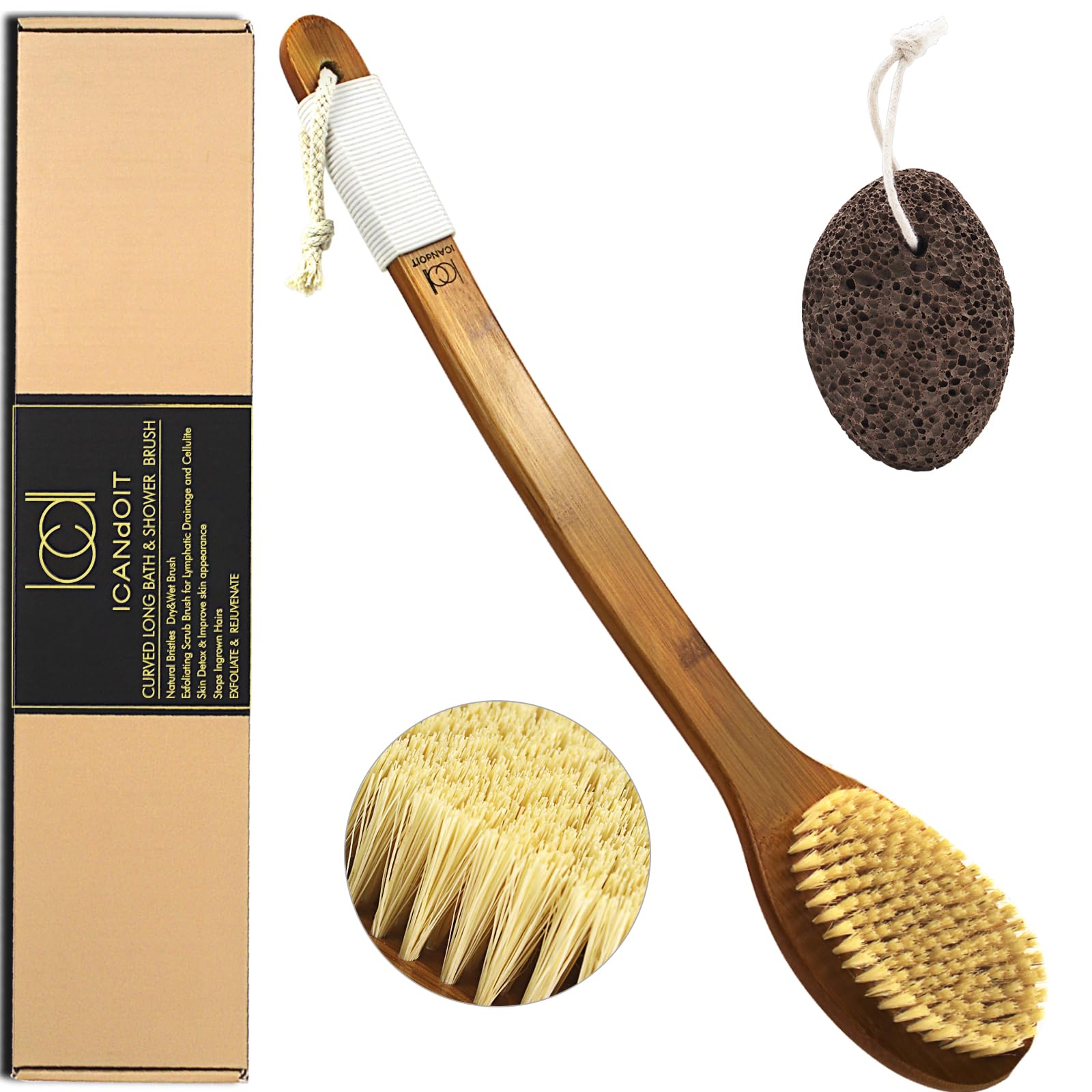 ICANdOIT long-handle bath brush demonstrates back reach for thorough exfoliation.