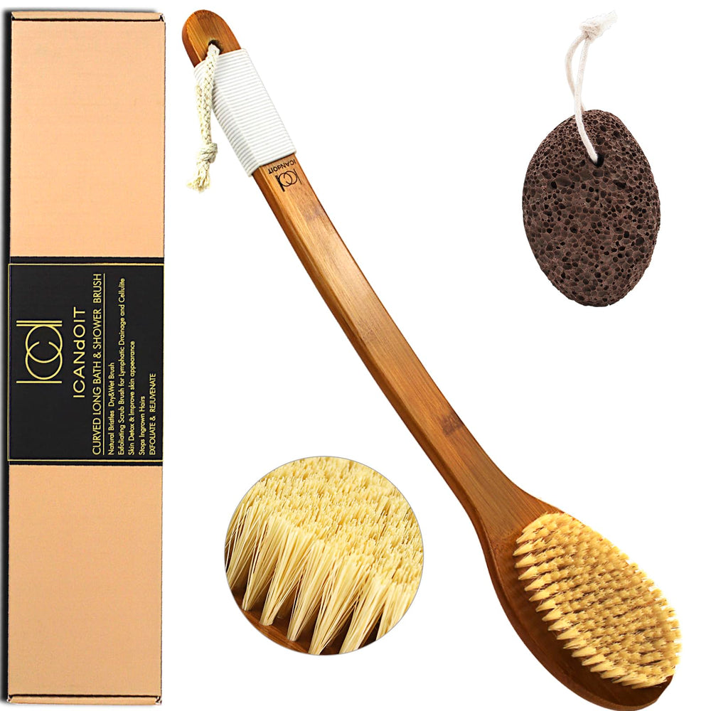 ICANdOIT long-handle bath brush demonstrates back reach for thorough exfoliation.