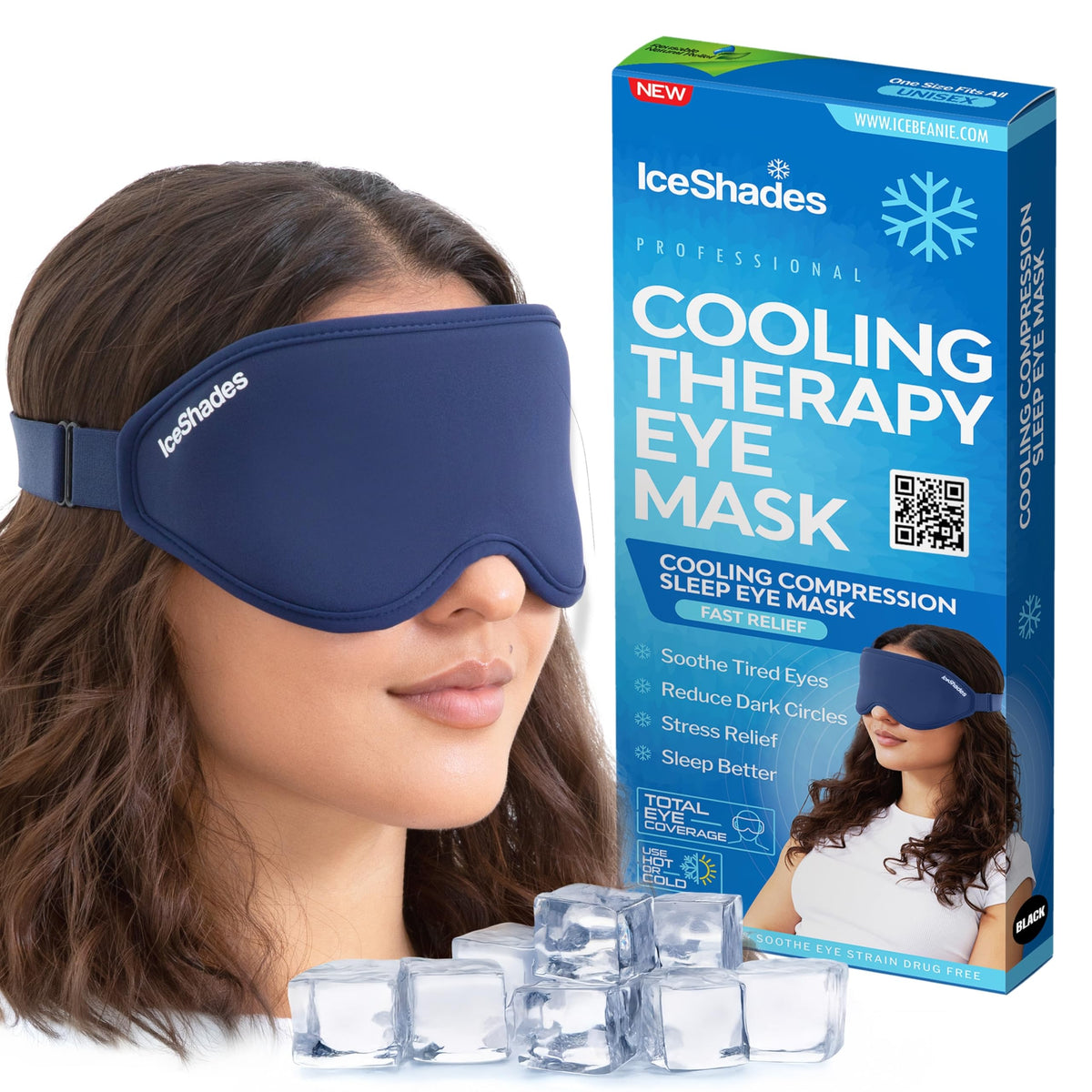 IceShades cooling eye mask by IceBeanie in close-up for cooling relief and sleep support.