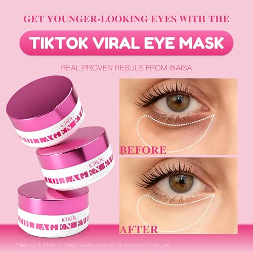 ICIKOL collagen hydrogel eye mask closeup shows hydrated, smoothing action.
