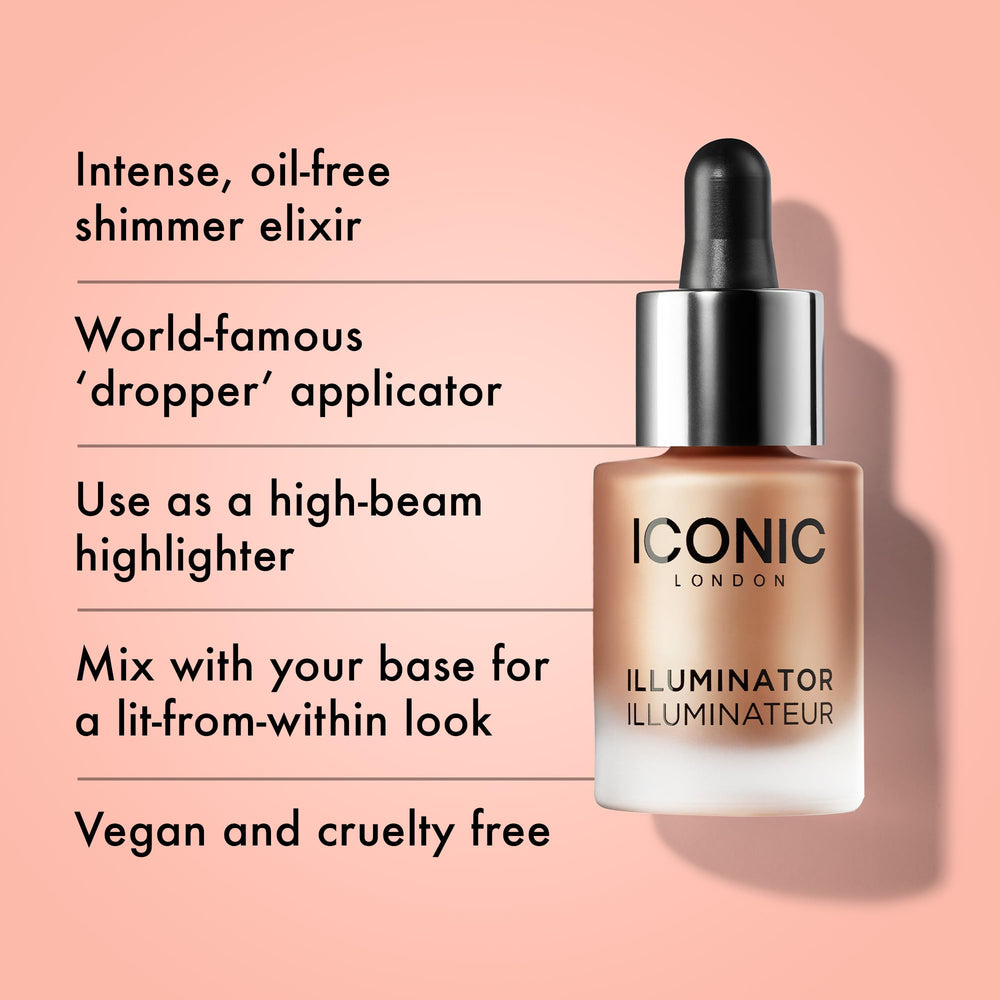 Iconic London Illuminator drops on cheekbones for multi-dimensional reflection.