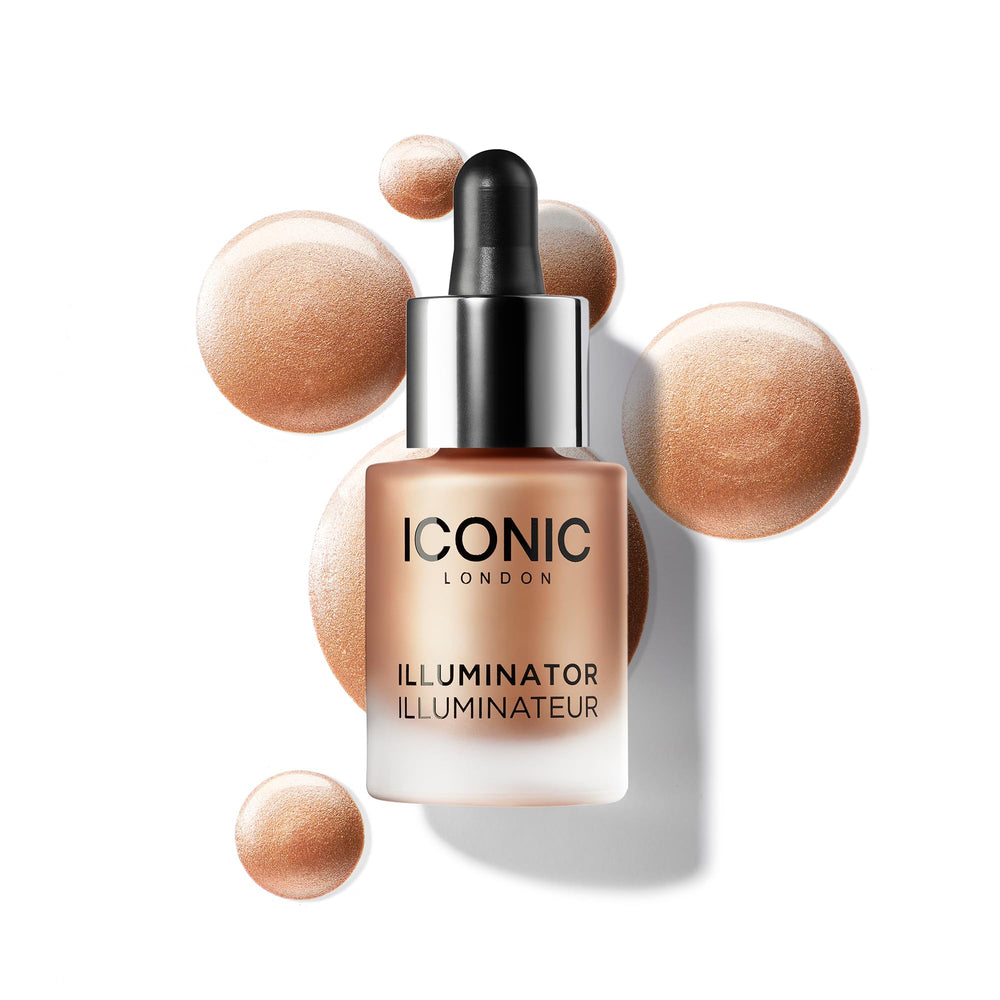 Iconic London Illuminator liquid highlighter on cheeks for champagne glow and radiance.