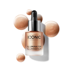 Iconic London Illuminator liquid highlighter on cheeks for champagne glow and radiance.