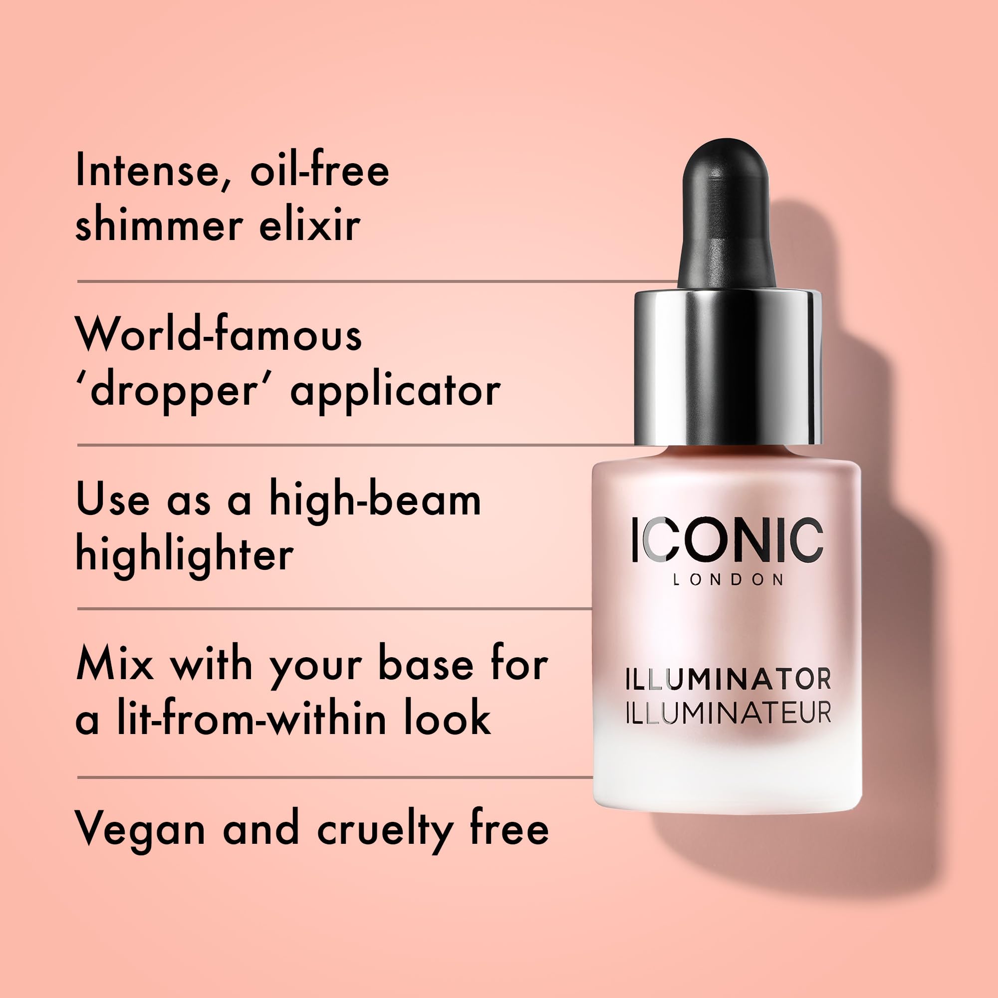 ICONIC LONDON Illuminator Pink Pearl dropper allows precise, buildable glow application.