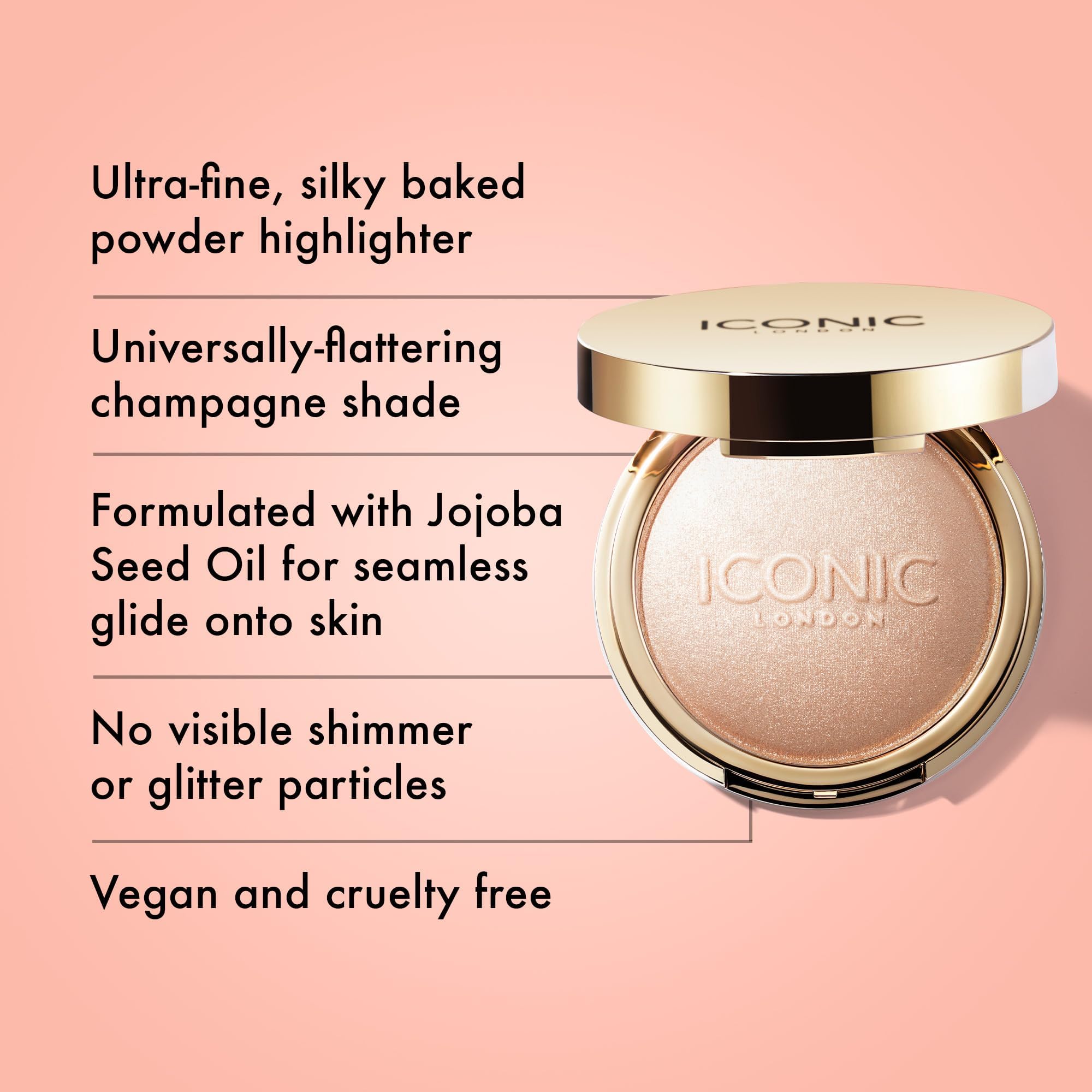 Iconic London Lit and Luminous baked highlighter compact close up showing luminous sheen