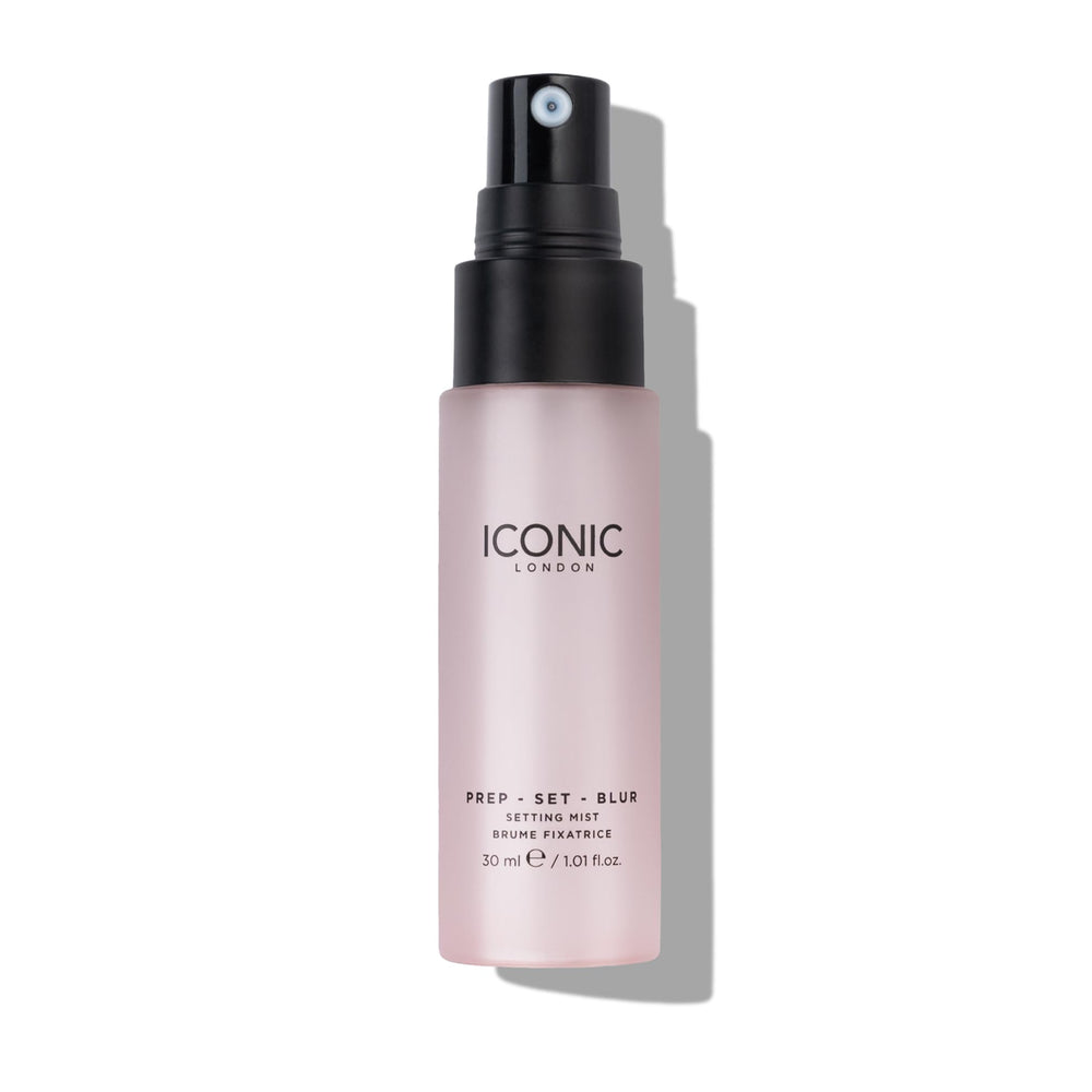 Iconic London Prep Set Blur mist application demonstrates even spray for lasting wear.