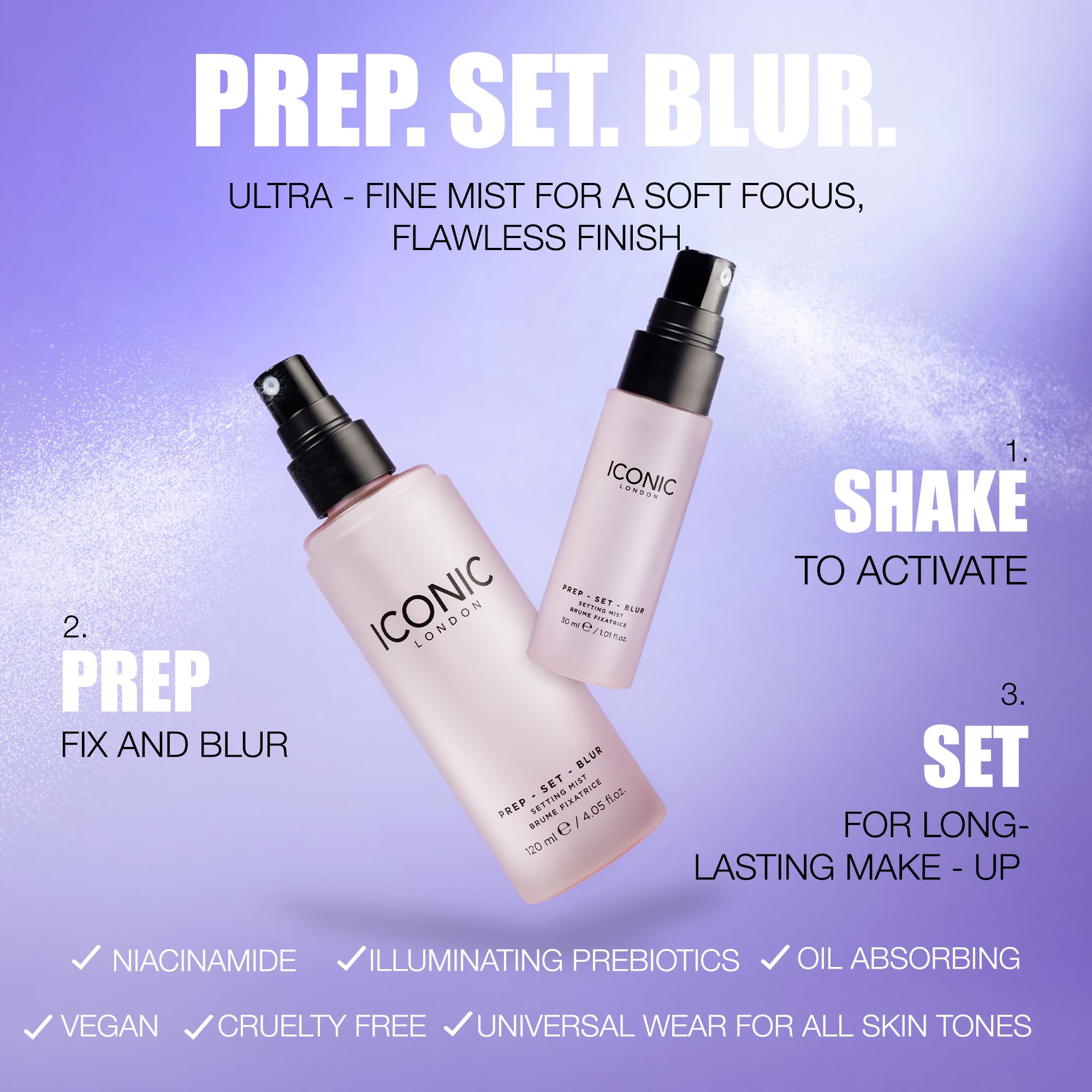 Iconic London Prep Set Blur vegan-friendly formula on bottle for clean makeup.