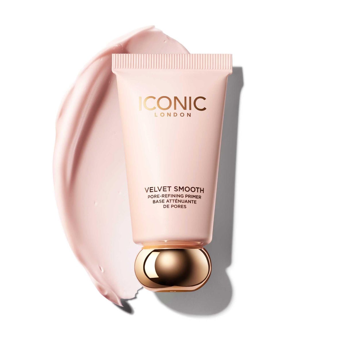 Iconic London Velvet Smooth Primer bottle closeup reveals pore refining soft matte finish