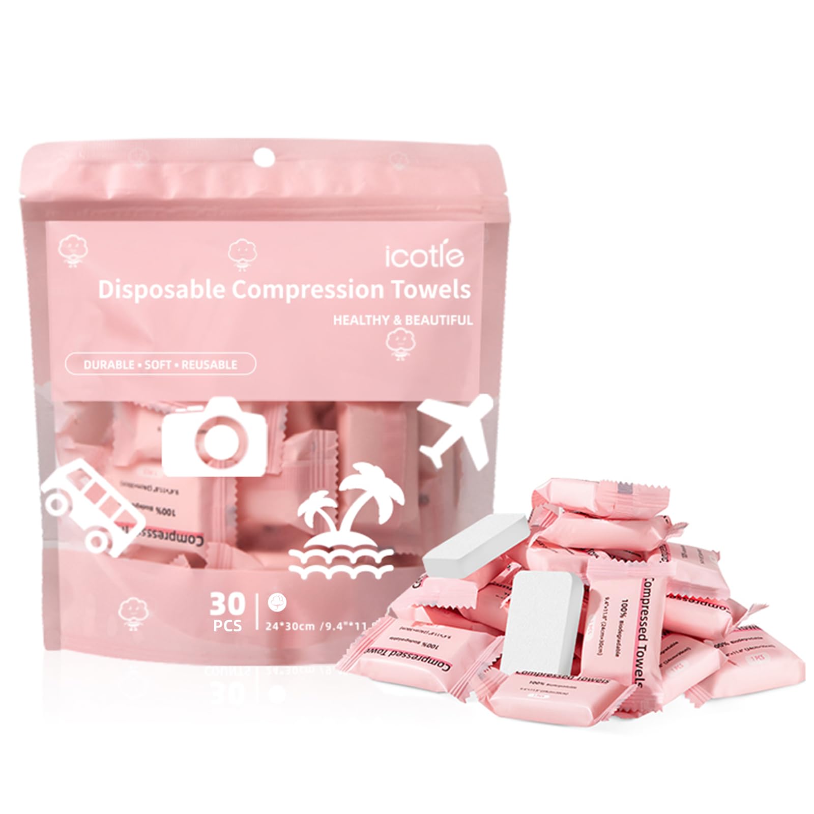 ICOTLE compressed towel pack 30pcs ready for travel and quick refreshment.