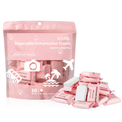 ICOTLE compressed towel pack 30pcs ready for travel and quick refreshment.