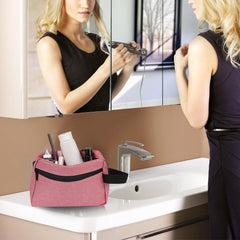 Icramsy travel toiletry bag dusky pink open reveals large compartments for toiletries and cosmetics
