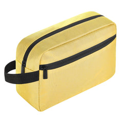 Icramsy travel toiletry bag yellow front view showing roomy main compartment for organized packing.