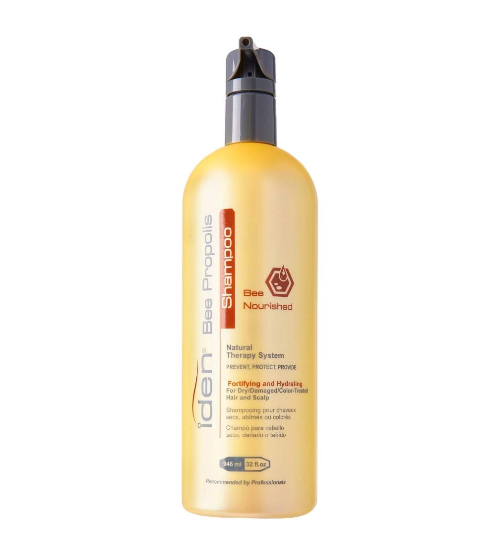 Iden Bee Propolis Nourished Shampoo bottle highlighting keratin for dry, chemically treated hair nourishment.
