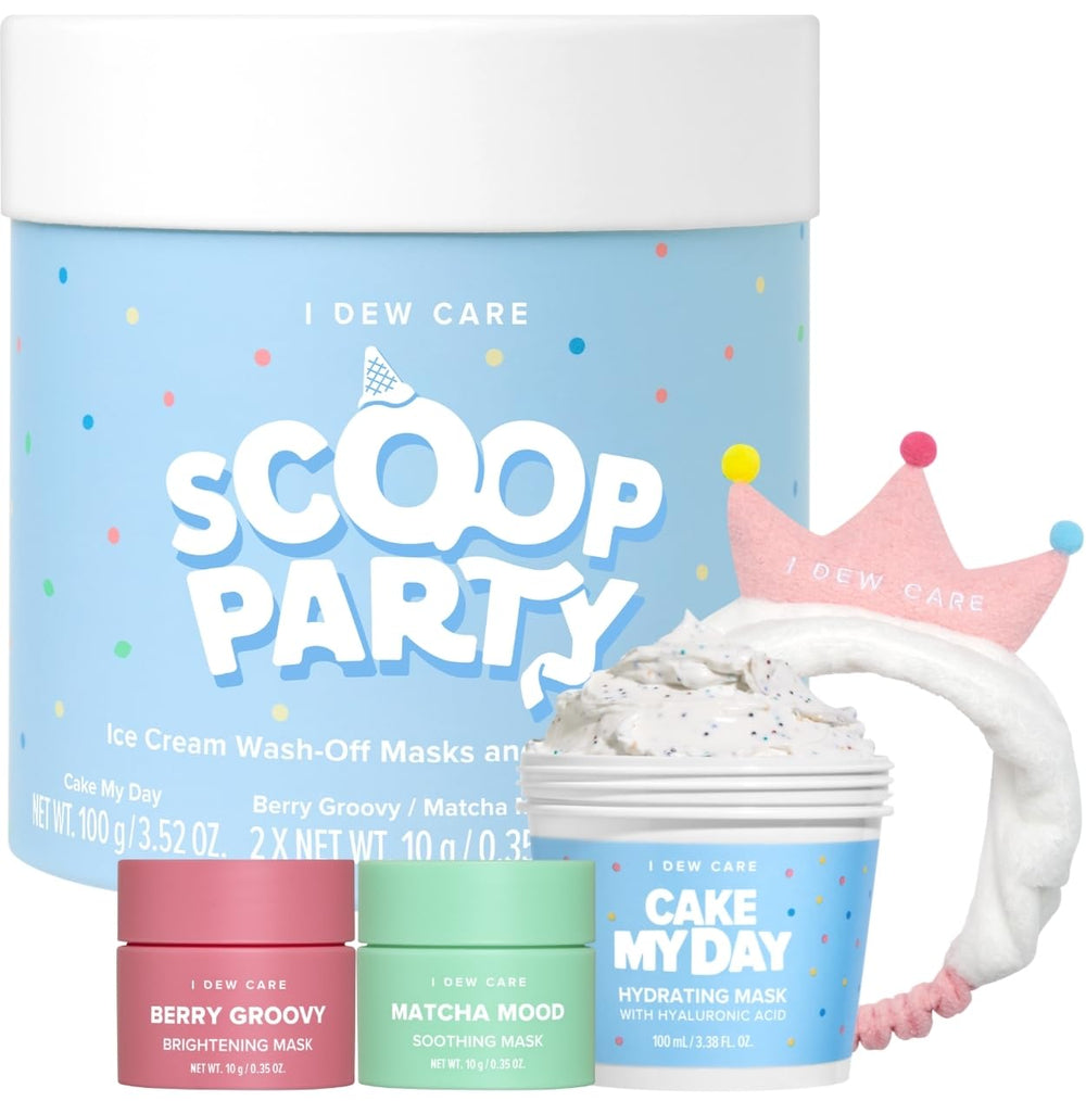 I DEW CARE Scoop Party Cake My Day mask hydrates for radiant skin.