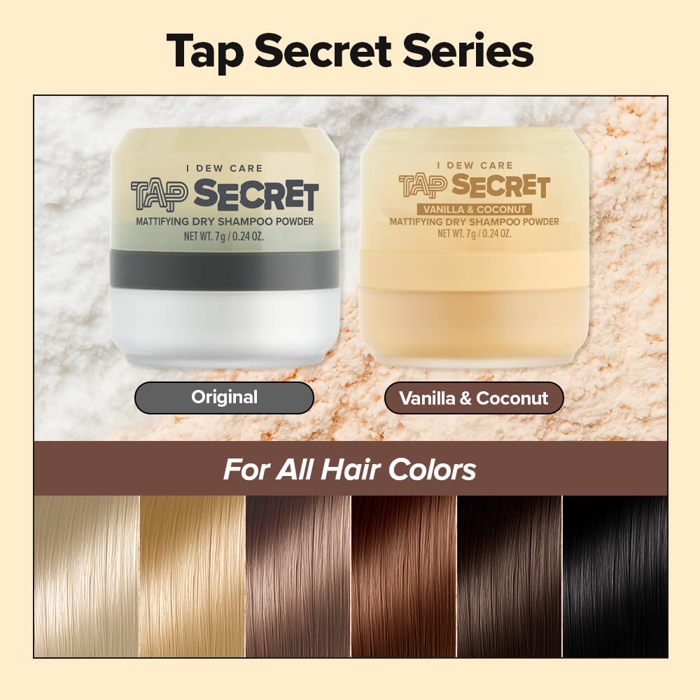 I DEW CARE Tap Secret dry shampoo before-after look shows added volume and oil absorption.
