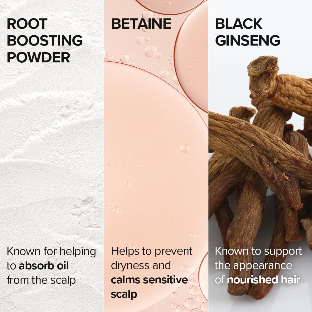 I DEW CARE Tap Secret dry shampoo bottle closeup highlights key ingredients like biotin and ginseng.