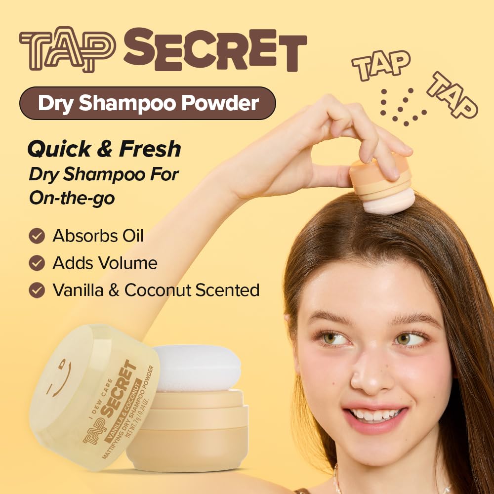 I DEW CARE Tap Secret dry shampoo powder being applied for instant refresh between washes.