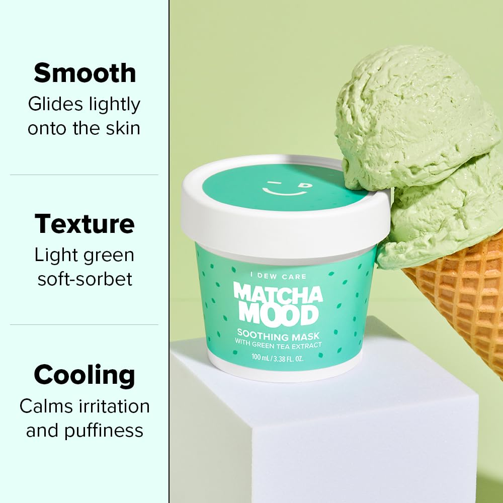 I DEW CARE Matcha Mood green tea extract focus suggests calming skin benefits.