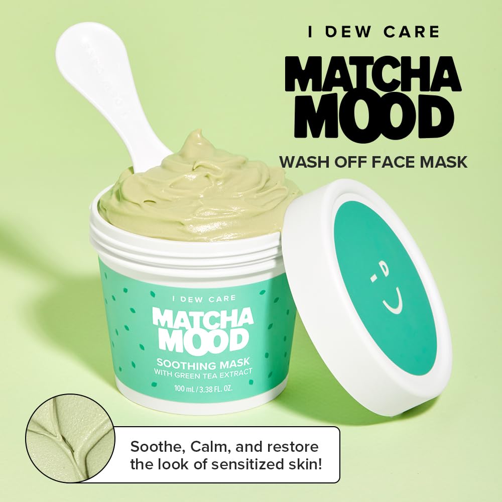 I DEW CARE Matcha Mood jar closeup highlights creamy texture and green tea notes.