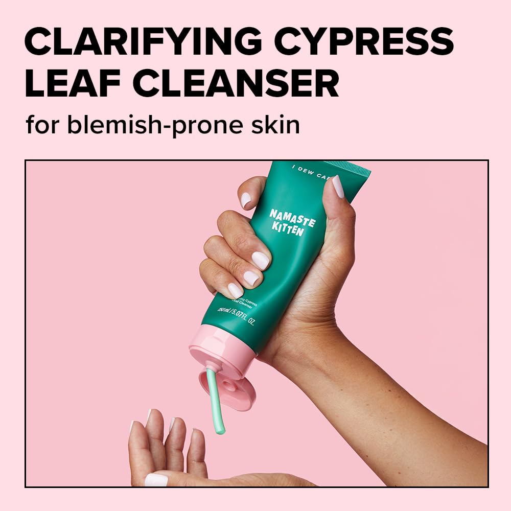 I DEW CARE Namaste Kitten green cleanser closeup showing creamy lather for blemish-prone skin.