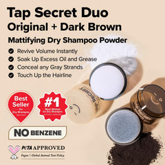 I DEW CARE Tap Secret Original Dark Brown duo packaging demonstrates shade-perfect result for brunette hair