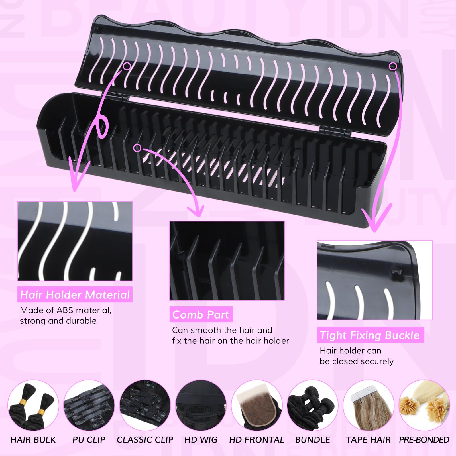IDN Beauty hair extension holder stand shows four installation modes for flexible mounting