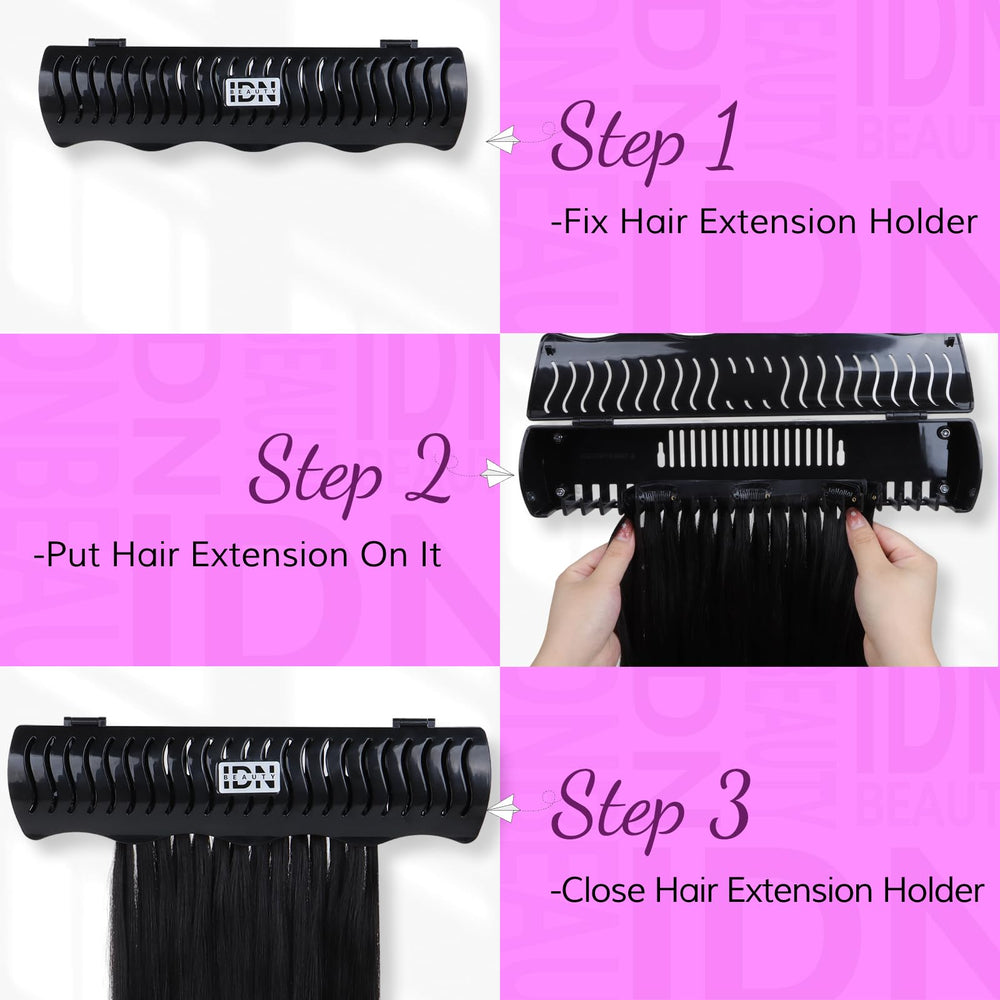 IDN Beauty hair extension holder stand mounted in bathroom setup for easy care routines